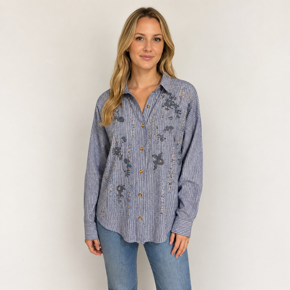 Anthropologie Pilcro XS Blue Stripe Embroidered Beaded Button Down Shirt - Picture 1 of 10